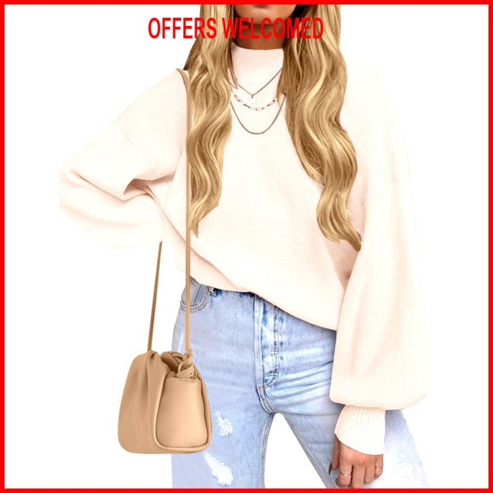 Oversized Ribbed Knit Pullover Sweater with Lantern Sleeves, Turtleneck